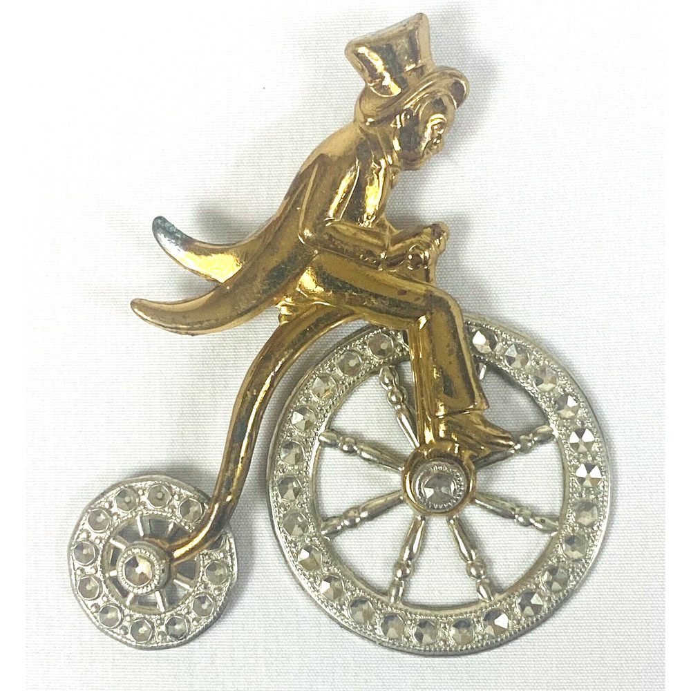Antique Vintage Brooch High Wheel Bicycle w/ Rider & Moving Wheels - Rhinestones